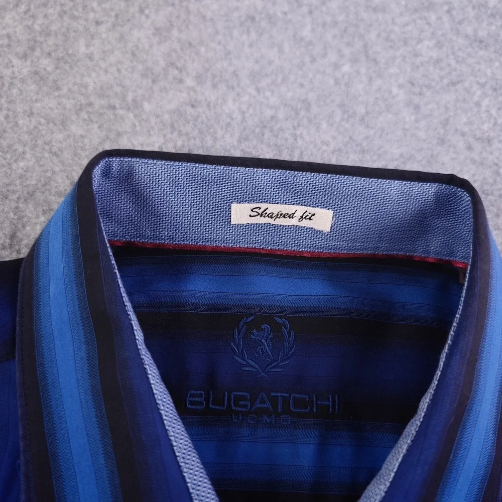 Bugatchi Shirt Mens XL Shaped Fit Blue Black Striped Long Sleeve Button Up